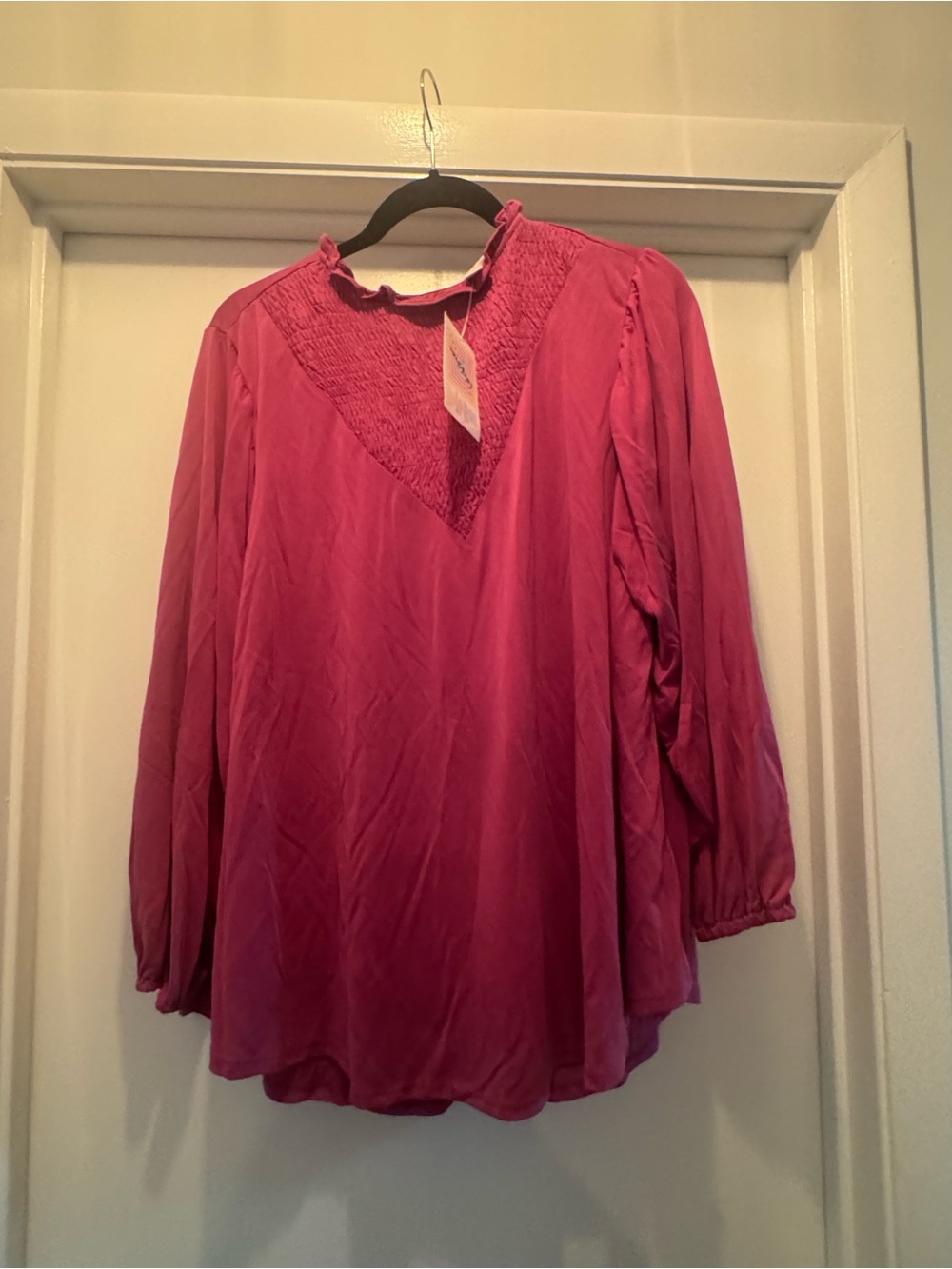 LuLaRoe Raspberry Pink Smocked V-Yoke Long Sleeve Blouse